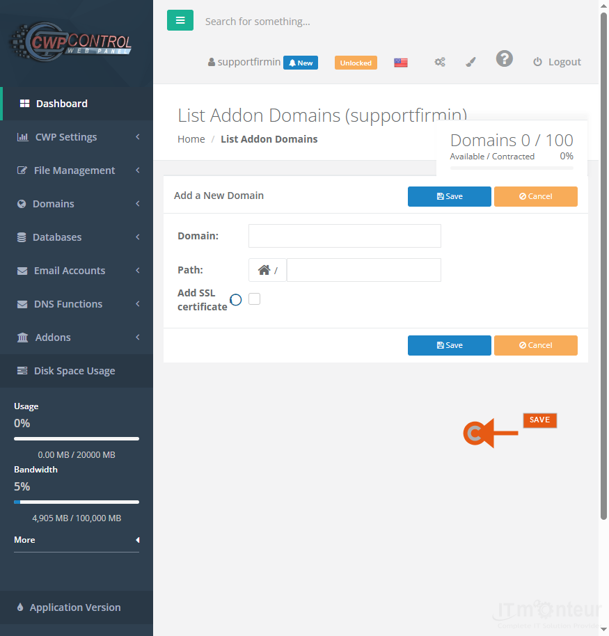 Enter the domain name and confirm the document root (often under public_html). Save.
