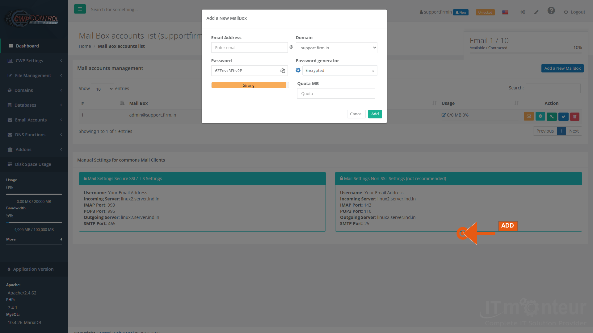 On the Add a New MailBox form: enter the Email Address local part (example: info), choose the Domain, set Password (or use the generator), set Quota MB, then click Add.