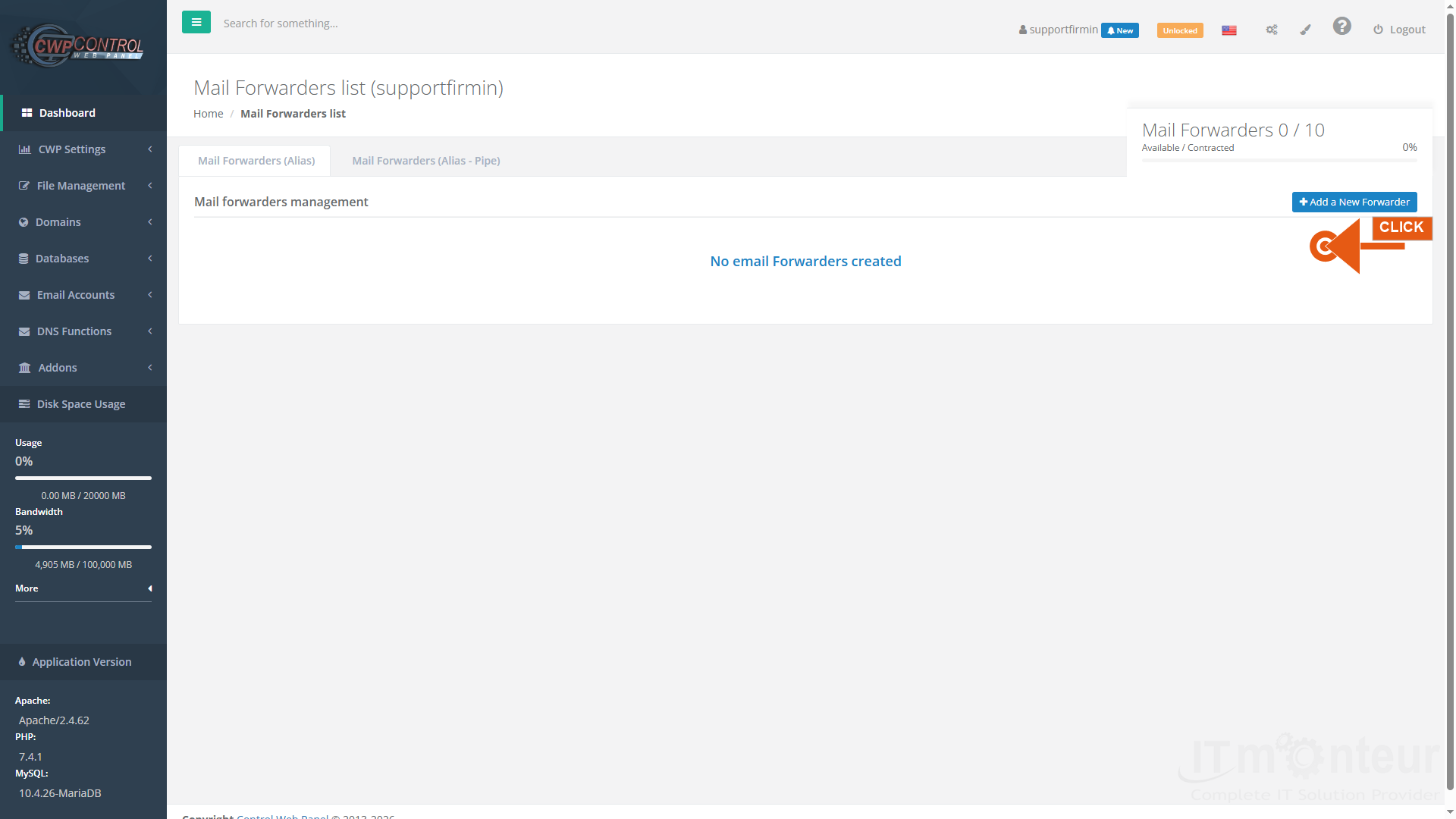 Open Email Accounts → Email Forwarders. Use the Mail Forwarders (Alias) tab. Click Add a New Forwarder.