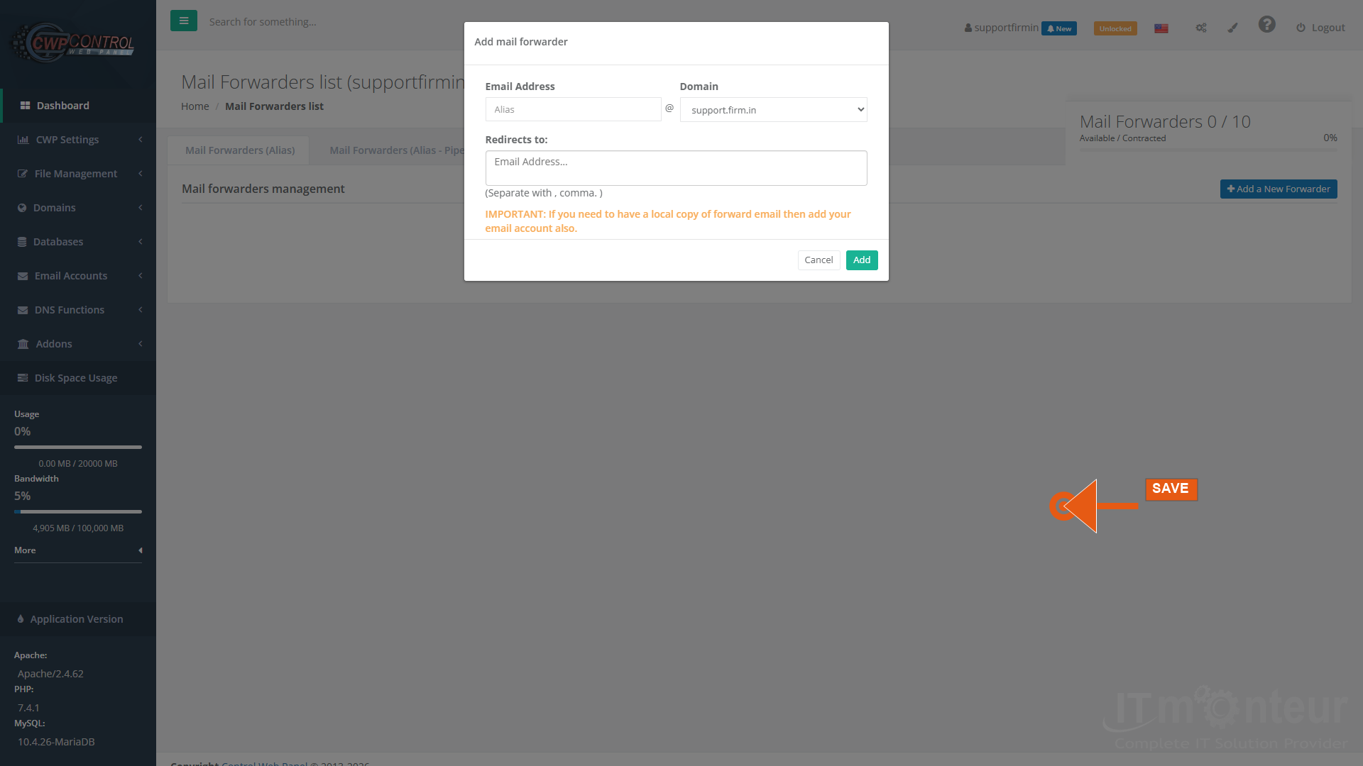 On Add mail forwarder: enter the Alias (example: sales), choose Domain, enter Redirects to (example: admin@yourdomain.com). Separate multiple destinations with commas. Click Add.