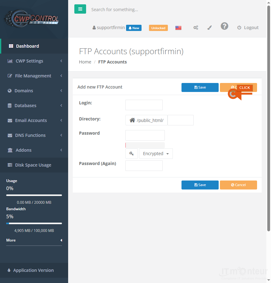 Open File Management → FTP Accounts. Review existing accounts, then click to add a new one.