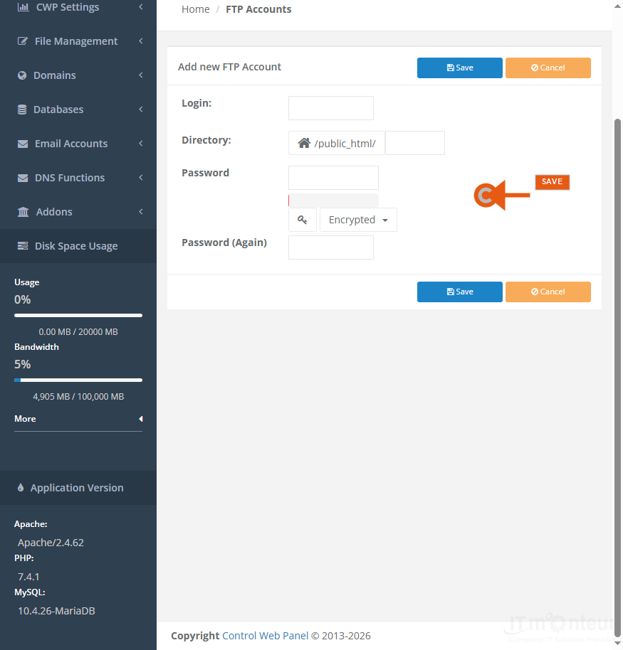 On the add form: enter username, strong password, and home directory (for example public_html/yoursite). Save.