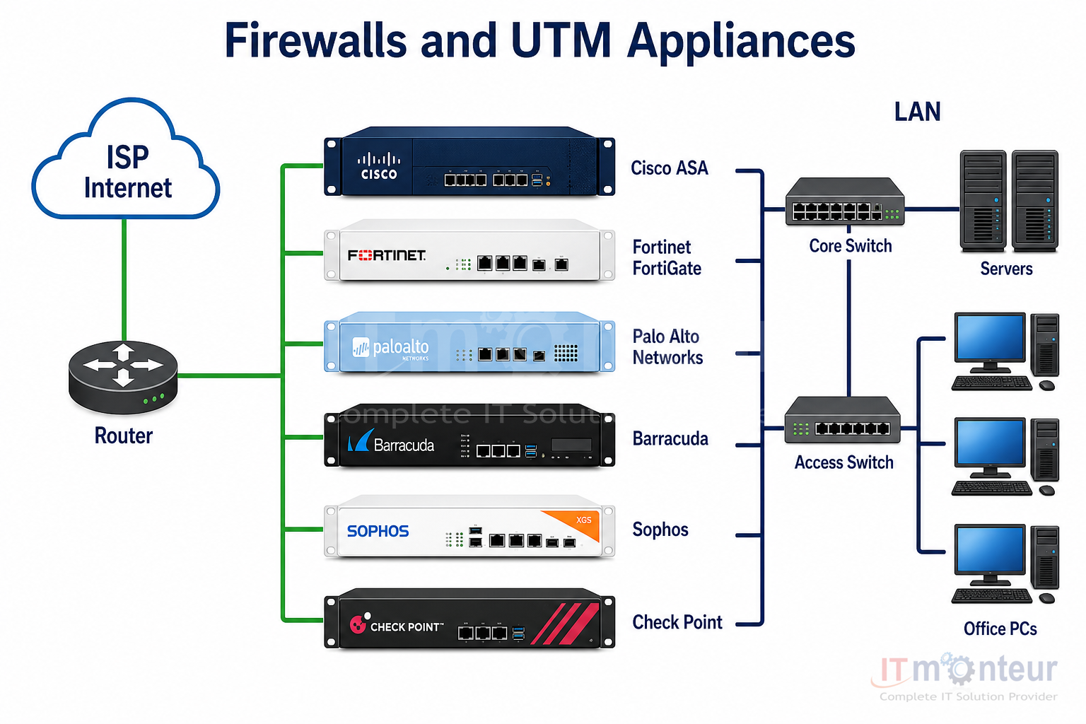 UTM firewalls Cisco Fortinet Palo Alto Barracuda Sophos Check Point with ISP and LAN network