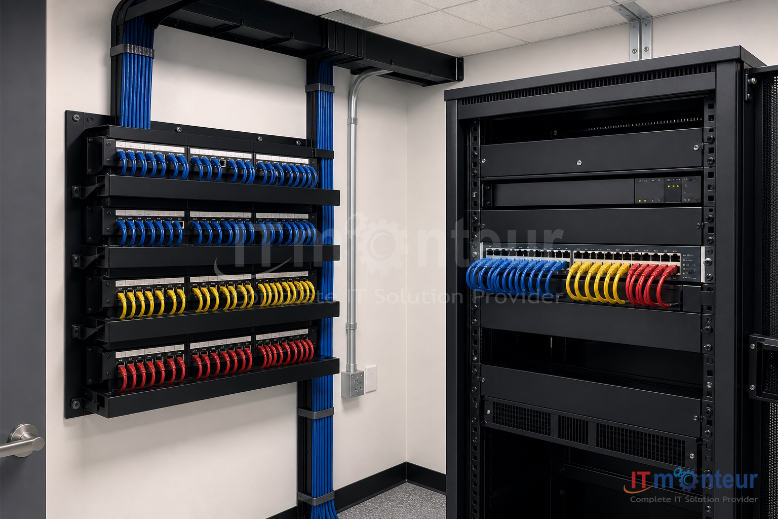 After structured cabling — labeled runs and patch panels