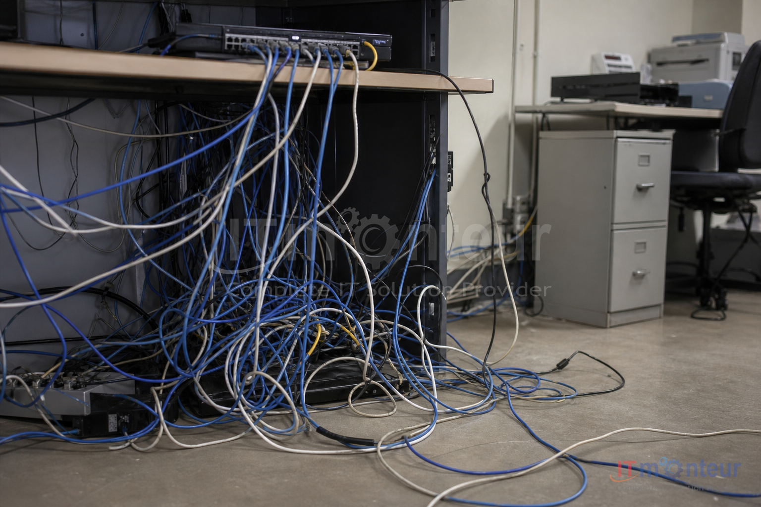 Before structured cabling — tangled unlabeled drops