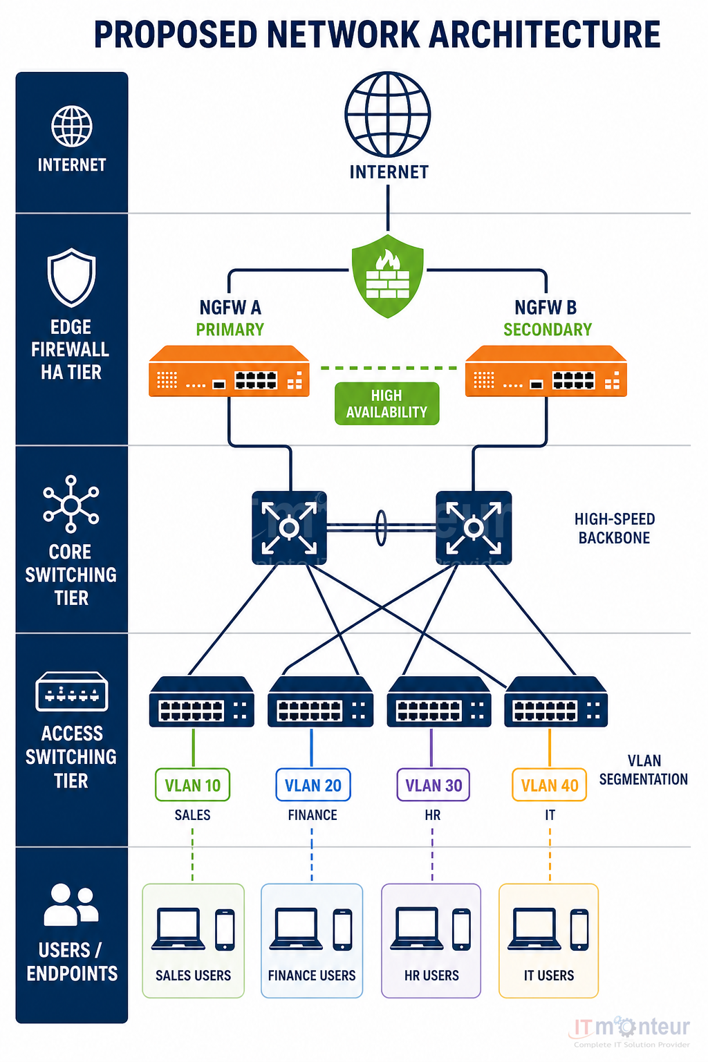 Proposed enterprise network architecture: Internet, HA firewall edge, core switching, access switching, and users
