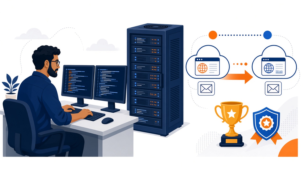 Senior Linux engineer, server rack, awards, and zero-downtime website and mailbox migration