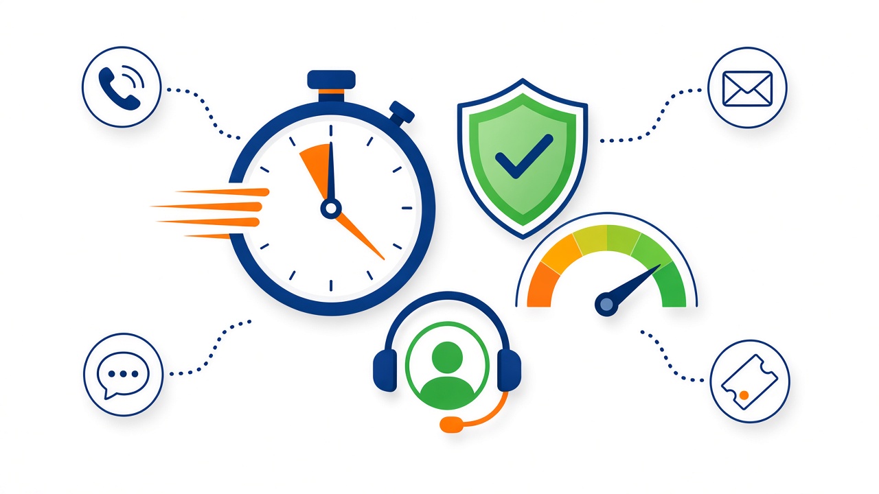 Service guarantees: fast response stopwatch, uptime gauge, and 24x7 support channels
