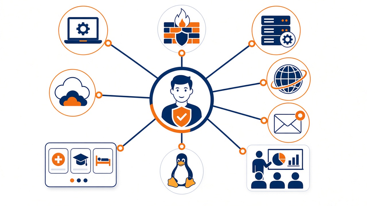 One partner hub connected to hardware, firewall, servers, cloud, hosting, email, ERP software, Linux, and training