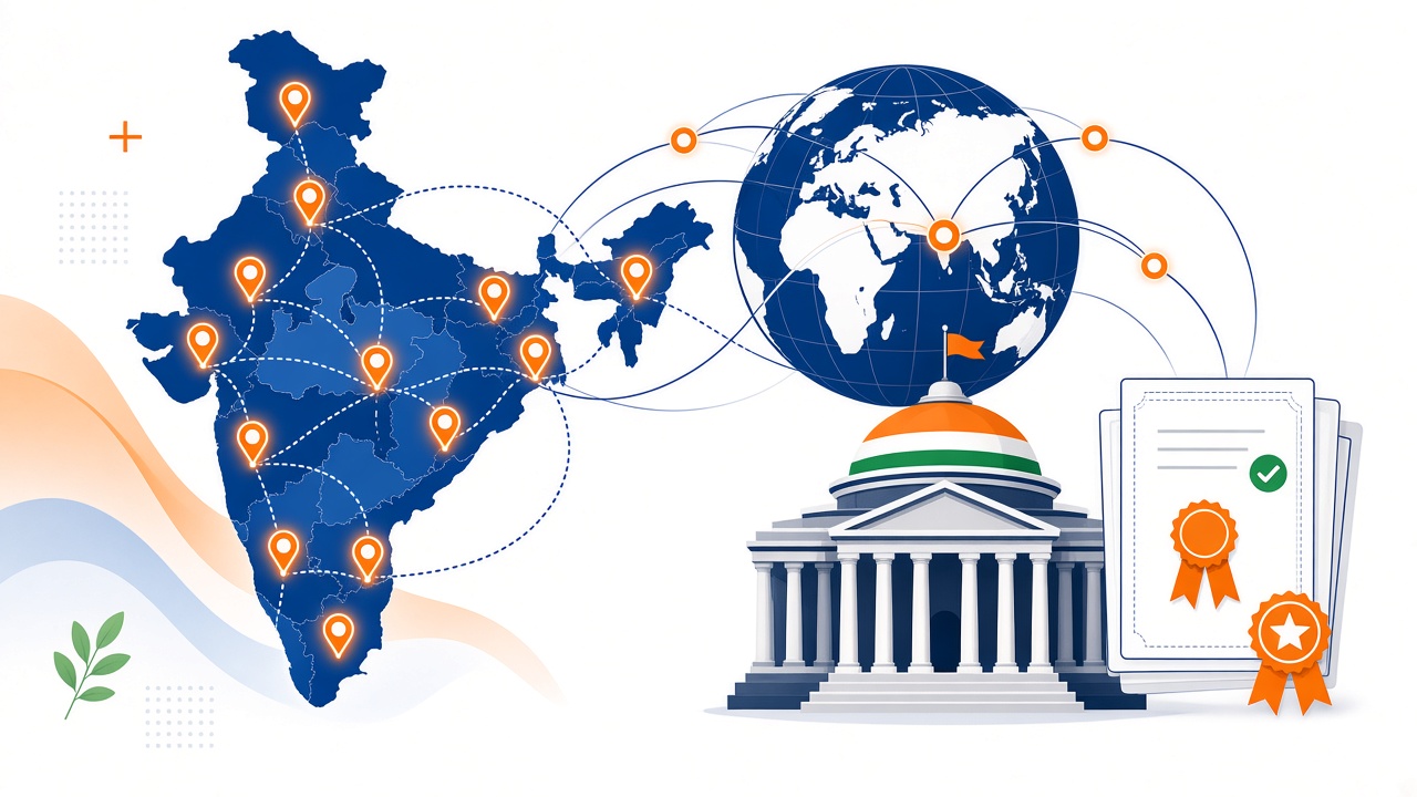 India map with metro city engineer locations, global reach, government trust, and certifications